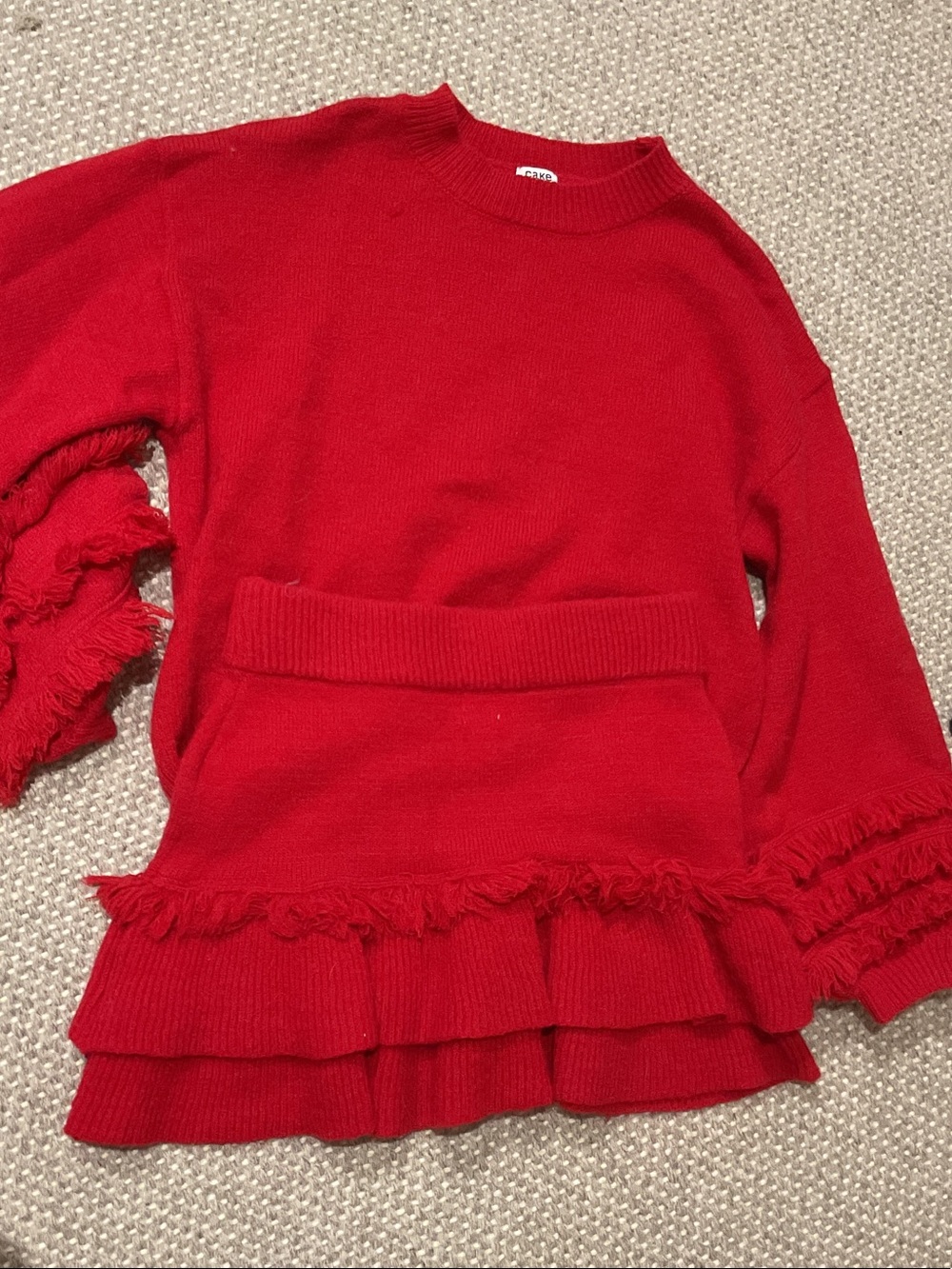 Girls Red Fringed Ruffle-Knit set